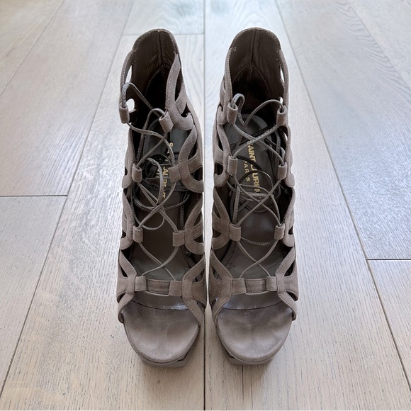 🆕 Saint Laurent Taupe Suede Tribute Ankle Wrap Lace Up Platform Stiletto - Picture 4 of 16